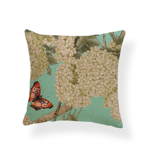Dragonflies and Butterflies -- Vintage style floral cushion covers (hydrangea and butterfly)