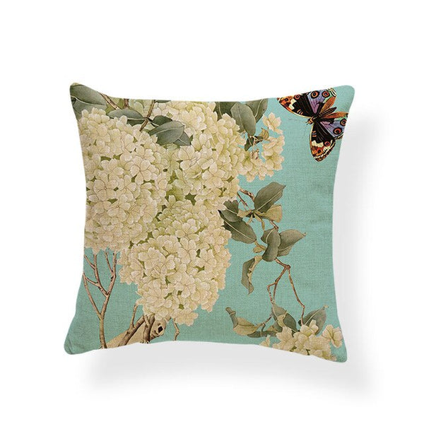 Dragonflies and Butterflies -- Vintage style floral cushion covers (hydrangeas)