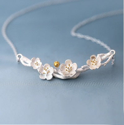 Sterling silver sakura flower necklace Flower neclace Silver necklace for women (Front view)