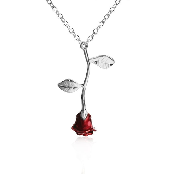 Beauty and the Beast Enchanted Rose necklace Women charm necklace (silver)