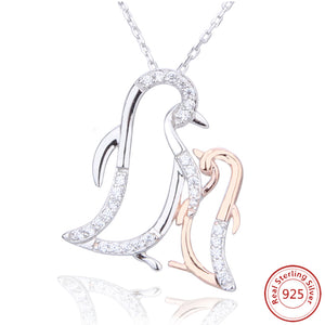 Mom Love Daughter Forever With 100% 925 Sterling Silver Pendants Necklace CZ Cute Couple Penguin Pendant Jewelry for Women Gifts