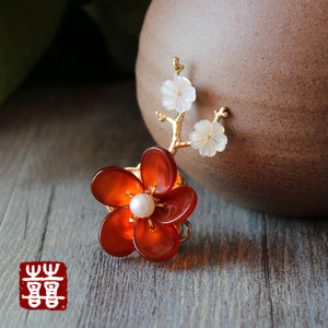 red flower brooch pin, with red agate and seashell