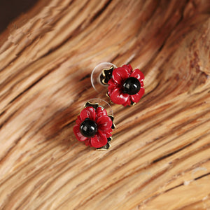 Women Earrings Ear Studs Seashell Red Flower Black Agate fashion jewelry