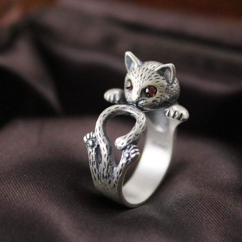 Women Jewelry Ring Free Size open Cute Cat Kitten crystal 990 Silver