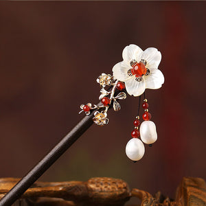 wood hair stick in Oriental style, with pearls and seashell flowers, and red agate beads