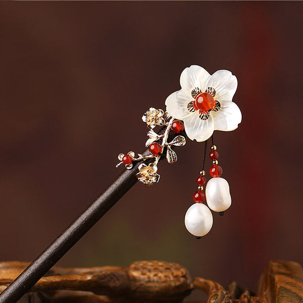 wood hair stick in Oriental style, with pearls and seashell flowers, and red agate beads